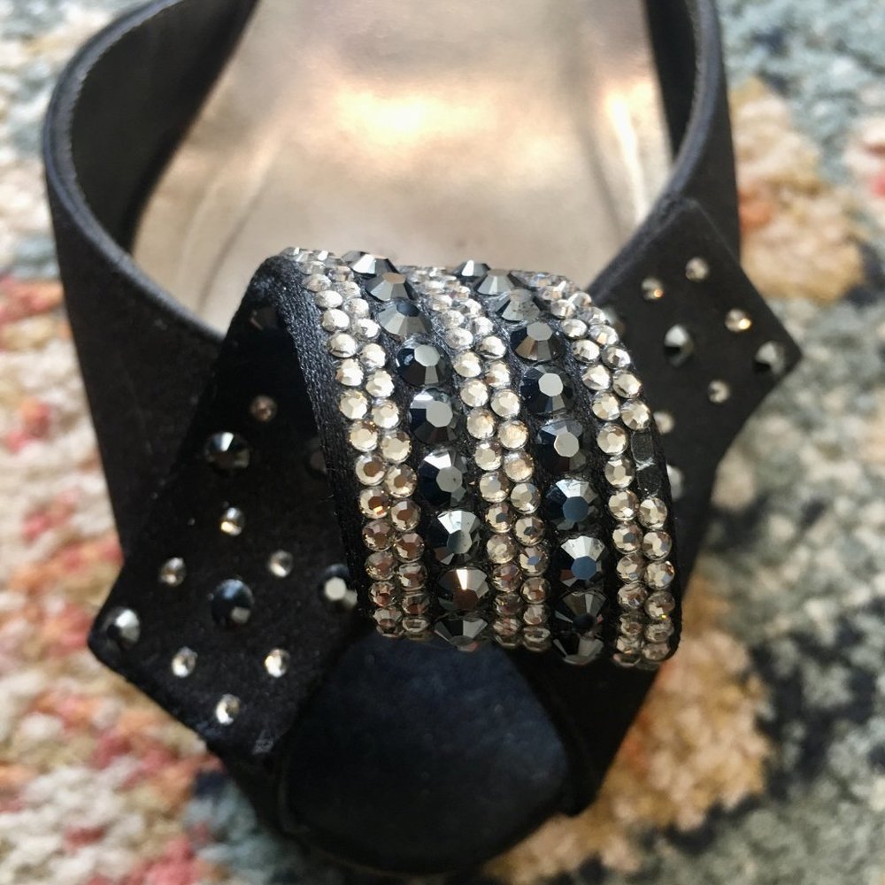 STUART WEITZMAN Black Satin Sling Back Pumps Heels Shoes Rhinestone Peep Toe 5 - Picture 7 of 9